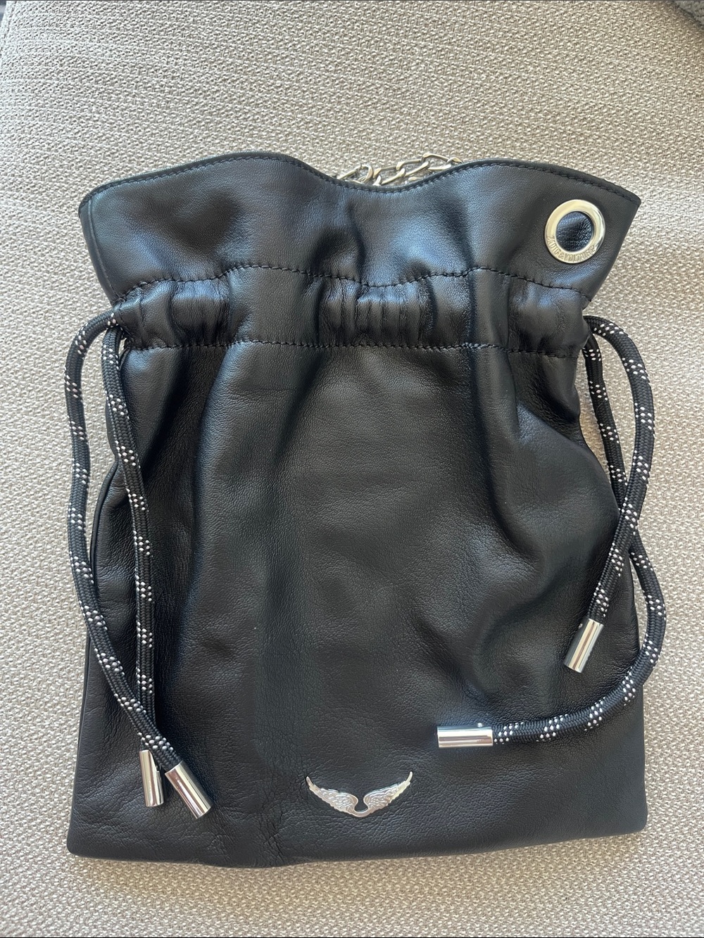 Zadig & Voltaire Black Leather Drawstring Wristlet with Silver Hardware